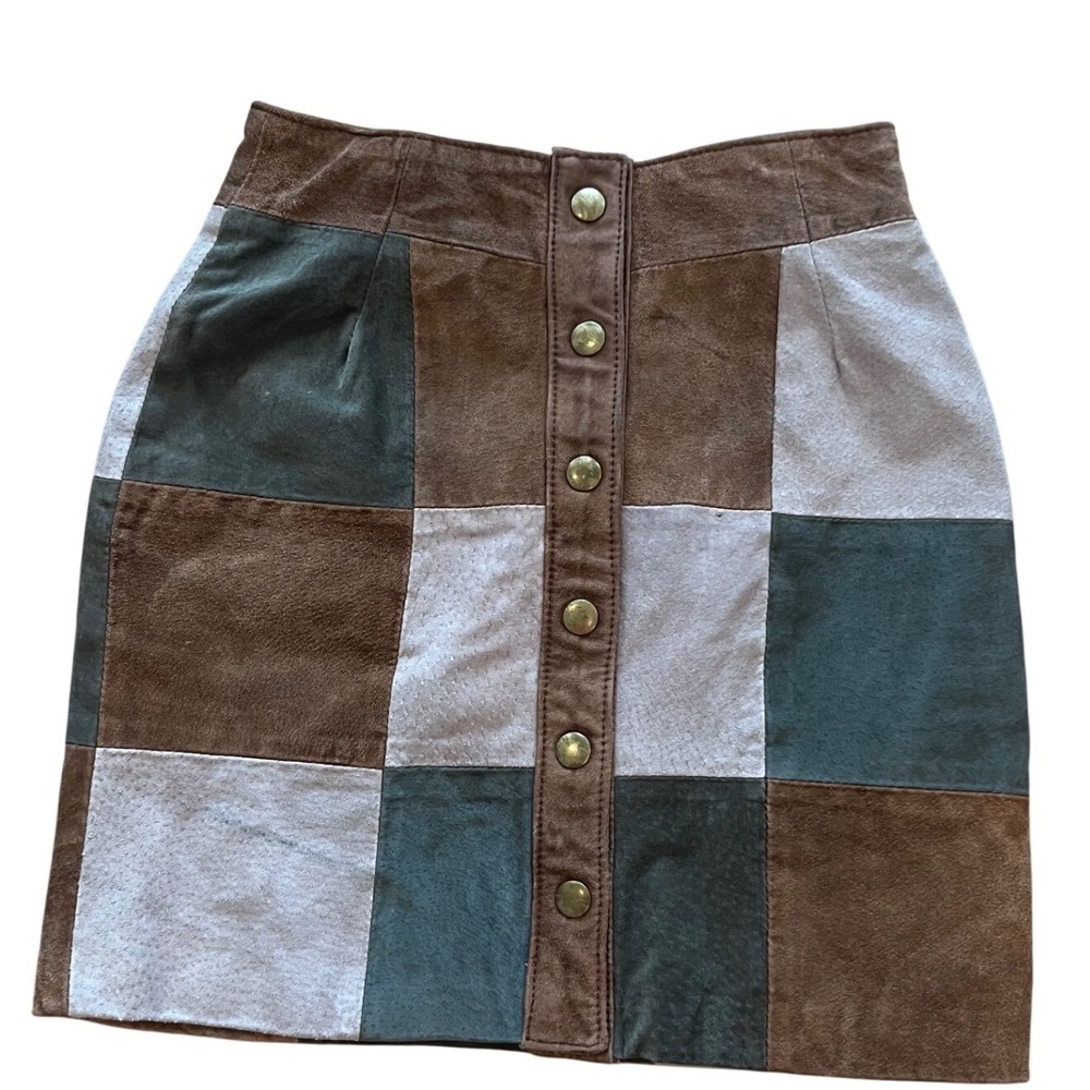 She Said Vintage Patchwork Suede Leather Mini Skirt Brown Green Size 0 Button Up